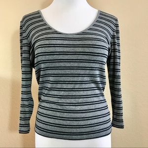 Express Striped Black & Grey Scoop 3/4 Sleeve Tee